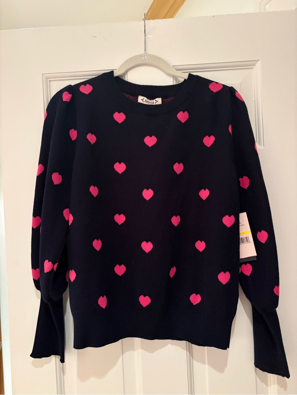 Nanette Lepore Navy Crewneck Sweater with Pink Heart Motif